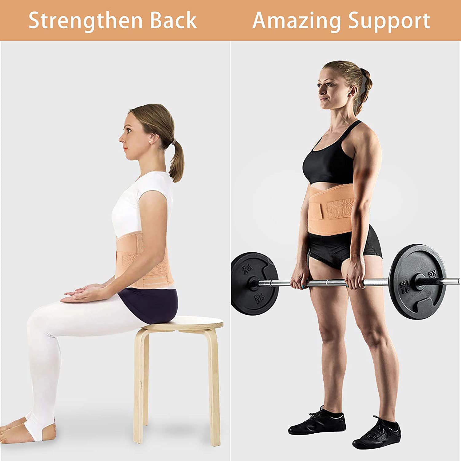 Woman wearing a back support belt, sitting and lifting weights, with text 'Strengthen Back' and 'Amazing Support'.