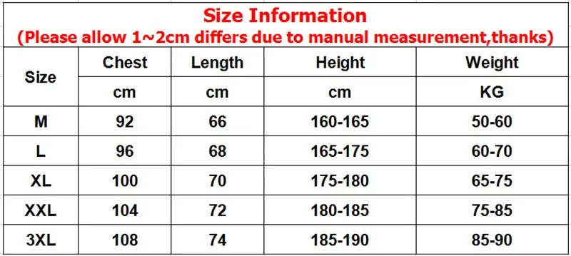 Size chart for clothing with measurements in centimeters and kilograms.