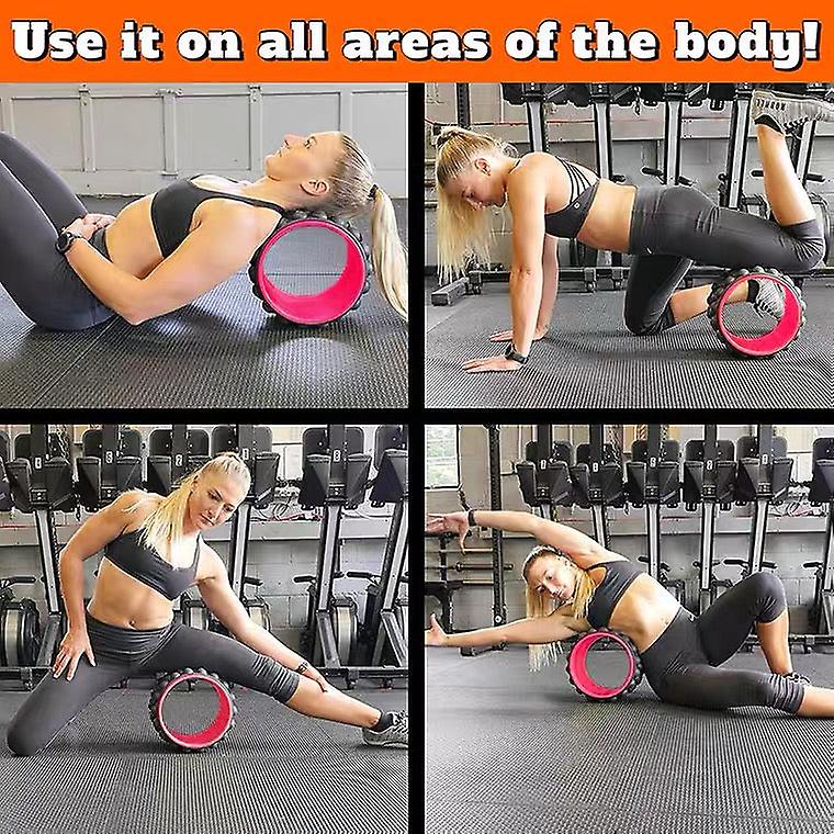 Woman using a pink foam roller on various parts of her body in a gym setting.