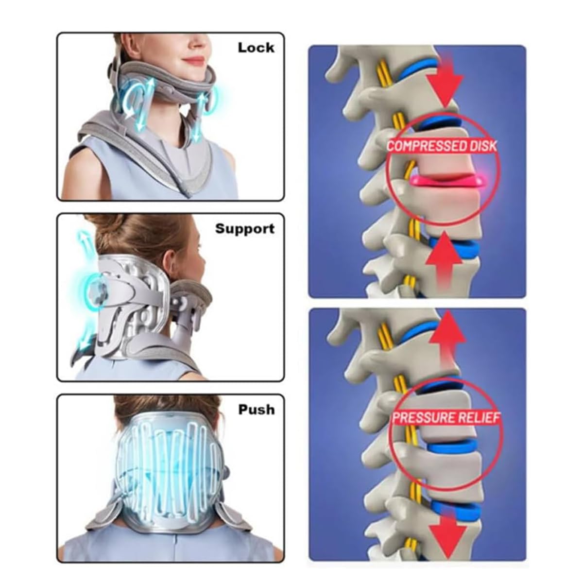 Neck support device with illustrations of its features on a white background