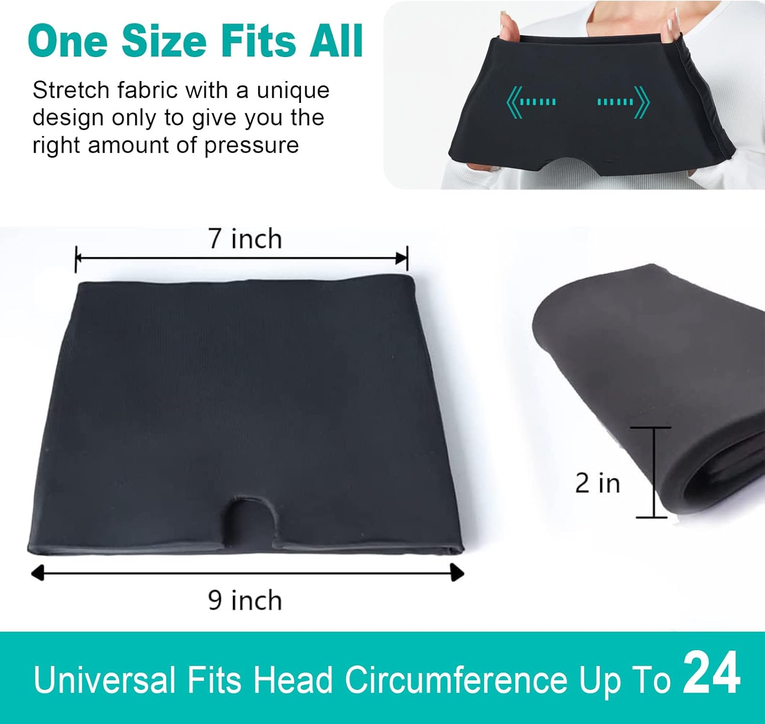 Black headband with measurements and text indicating 'One Size Fits All' and 'Stretch fabric'.