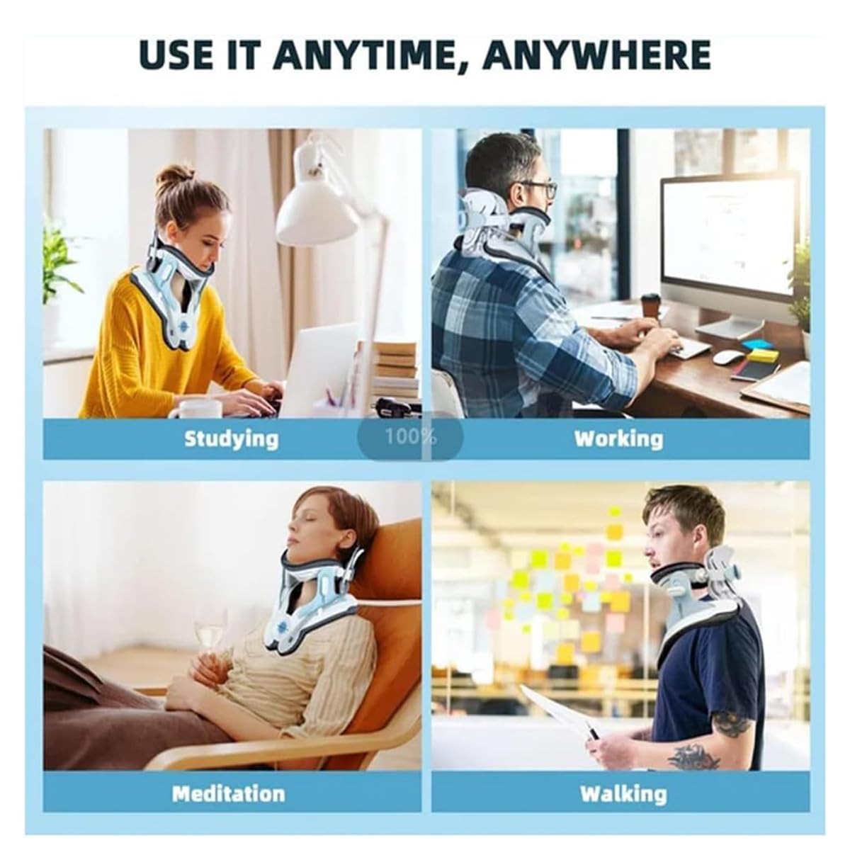 Neck support device being used by people in various activities with text 'Use it anytime, anywhere'.