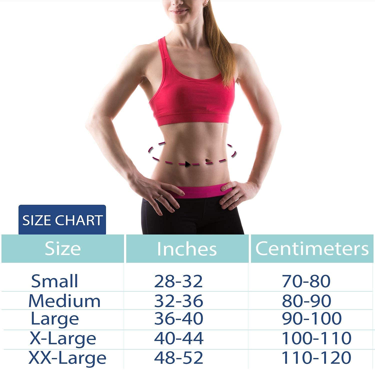 Woman wearing a pink sports bra with a size chart overlay on a white background