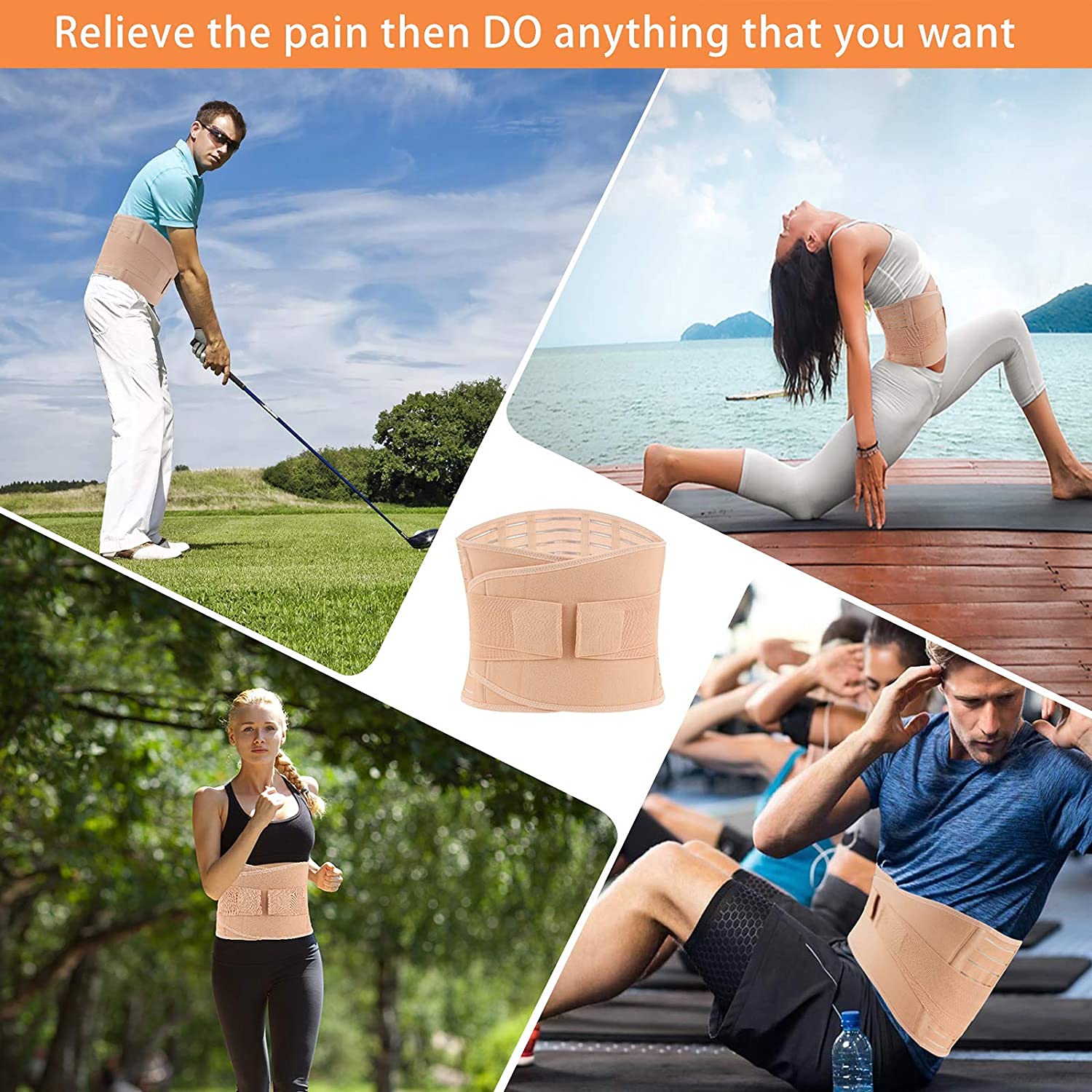 Collage of people wearing a waist support belt in various activities with text overlay.
