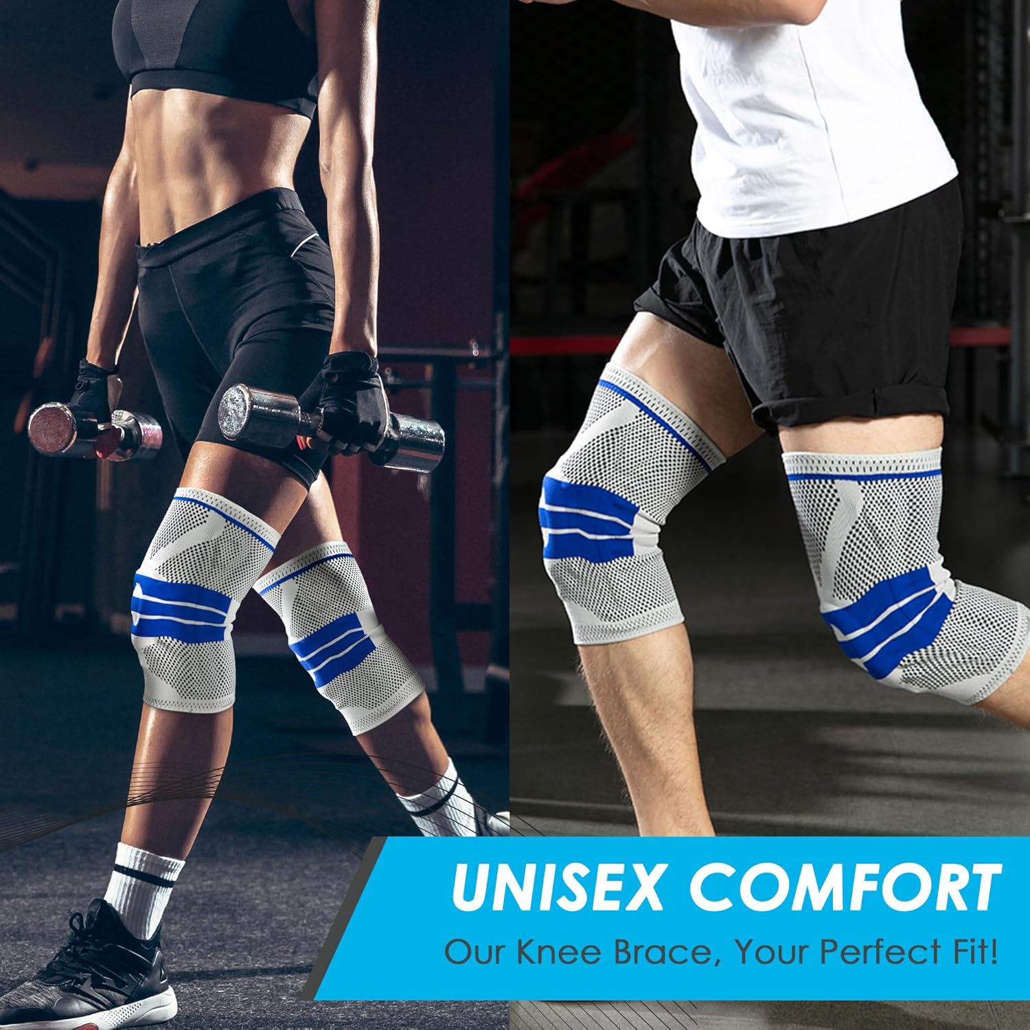 Two people wearing knee braces with a focus on unisex comfort, set against a gym background.