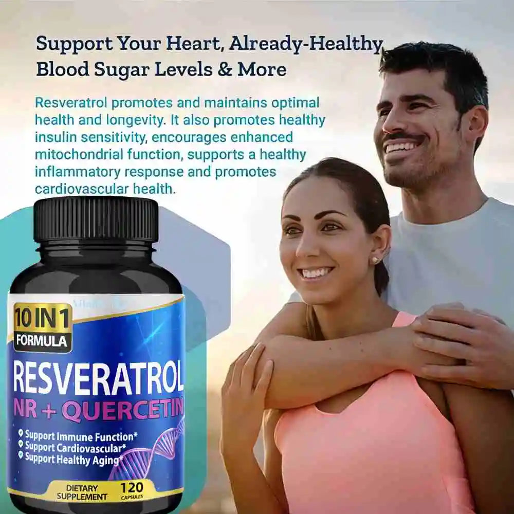 Supplement bottle labeled 'RESVERATROL + QUERCETIN' with a couple embracing outdoors.