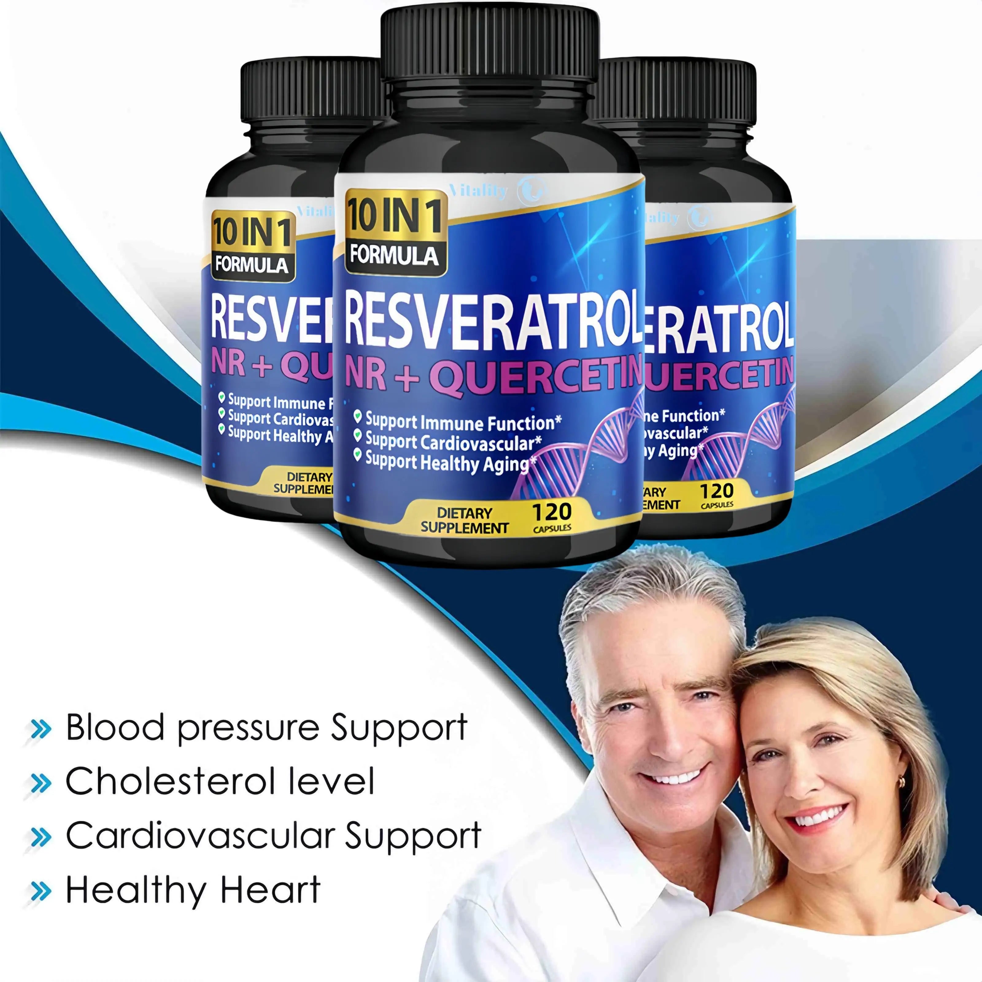 Three bottles of 10 IN 1 Formula Resveratrol NR + Quercetin supplement with a couple smiling in the background.